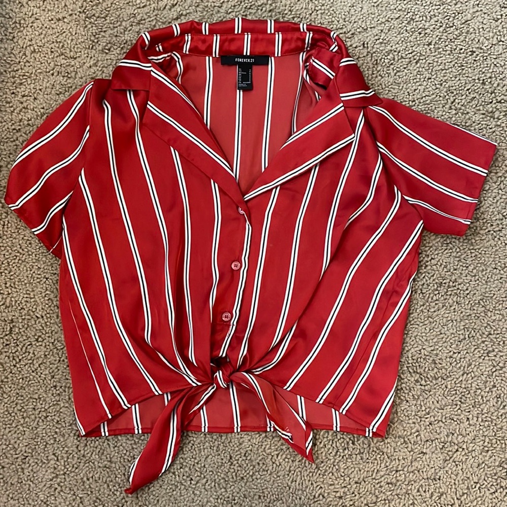 Red and white striped tied crop top